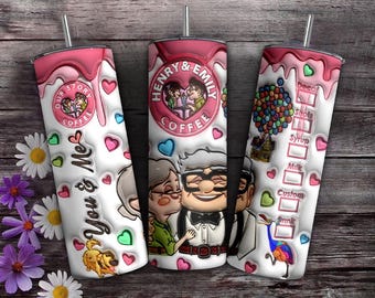 Envoltorio personalizado 3D inflable para vaso de San Valentín de Carl y Ellie, envoltorio 3D para vaso de café de San Valentín, vaso de San Valentín de 20 oz o más, PNG de San Valentín