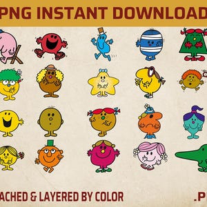Puede incluir: Una colección digital de veinte personajes de dibujos animados coloridos en un diseño de cuadrícula. El texto PNG INSTANT DOWNLOAD aparece en la parte superior y ATTACHED & LAYERED BY COLOR .PNG en la parte inferior. Cada figura tiene formas únicas.