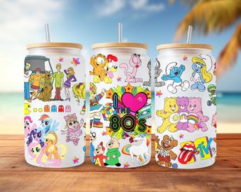 Envoltorio de lata de vidrio con dibujos animados de los 80, Libbey de 16 oz, PNG (Descarga digital)