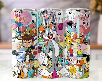 Retro Cartoon Tumbler Wrap PNG, 20oz Skinny Tumbler Sublimation Design, Cartoon Character Collage Cup Wrap (Digital Download)