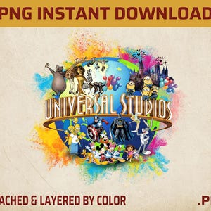 May include: A vibrant digital graphic showcasing the Universal Studios logo surrounded by cartoon characters such as the Minions, Simpsons, and DC Comics heroes. Text includes "PNG INSTANT DOWNLOAD" and "ATTACHED & LAYERED BY COLOR".