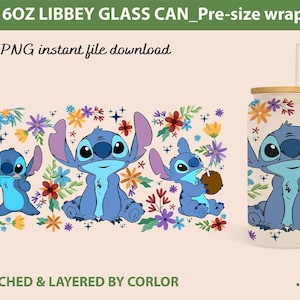 Peut inclure: Un motif pour verre Libbey de 16 oz avec le personnage Stitch de Lilo & Stitch. Le design comprend Stitch entouré de fleurs et d'étoiles colorées. Le fichier PNG est disponible en téléchargement instantané.