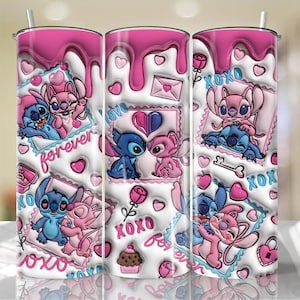 May include: A stainless steel tumbler featuring a repeating pattern of cartoon characters in blue and pink, with hearts, roses, and the words "forever" and "xoxo". The top has a pink, dripped design.
