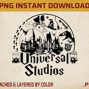 May include: Black and white graphic featuring the text "Universal Studios" with iconic imagery from various franchises. Includes a silhouette of a castle, a dinosaur, and Minions, with the text "PNG INSTANT DOWNLOAD" at the top.