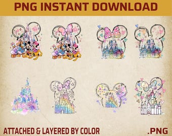 Paquete PNG de Castillo en Acuarela, Castillo con Orejas de Ratón PNG (Descarga Digital PNG)