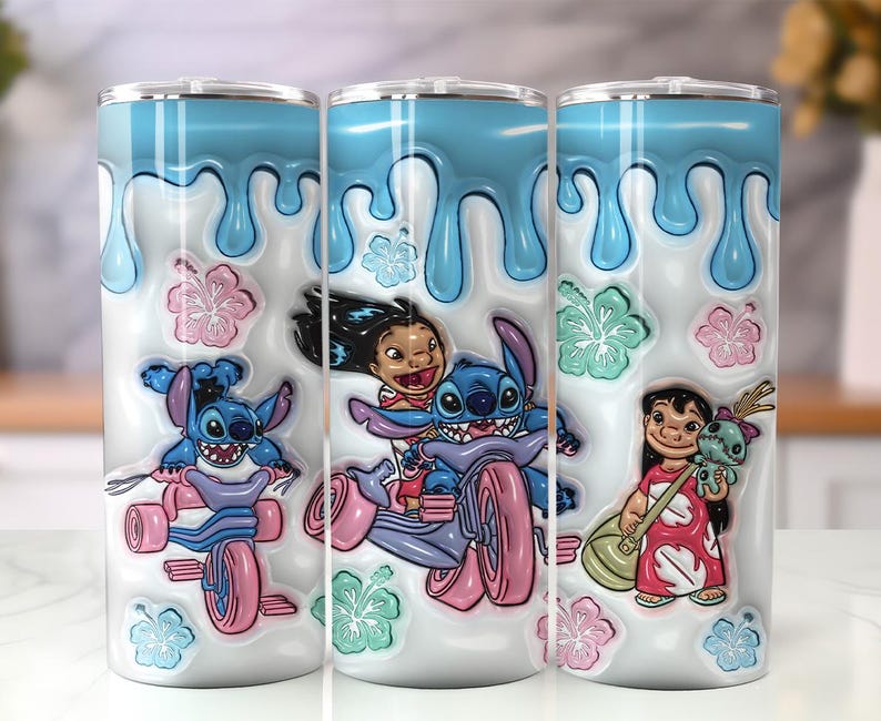 May include: Three stainless steel tumblers with a design featuring Stitch and Lilo from the animated movie. The tumblers have a white base with blue dripping accents, pink and green floral accents, and images of Stitch and Lilo.