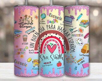 Diseño personalizado para vaso de 20 oz con etiqueta para profesor de español, diseño de vaso Maestra Glitter, vaso recto y delgado de 20 oz (descarga digital PNG)
