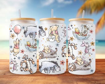 Cartoon Winnie the Pooh 16oz Glass Can Wrap, Sublimation Design (PNG File)