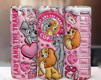 Diseño de vaso de San Valentín de La Dama y el Vagabundo, envoltura inflada 3D (descarga digital PNG)