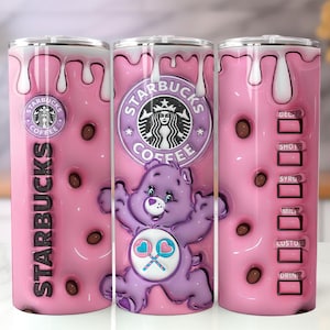 May include: A pink Starbucks tumbler with a Care Bear design. The tumbler features a pink background with a dripping effect, chocolate-colored accents, and the Starbucks logo. The Care Bear is holding lollipops.