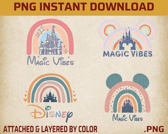 Magic Vibes PNG Bundle, Retro Rainbow Castle, Magical Castle Shirt Design, Sublimation PNG, DTF Transfer (Instant Download)