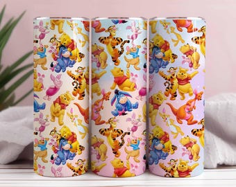 Envoltura para vaso de primavera de Pooh, vaso delgado de 20 oz con dibujos animados de purpurina (archivo PNG)