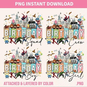 Może przedstawiać: Grafika do pobrania cyfrowego z napisem "BIRTHDAY" w kolorowych blokach, ze słowami "Squad", "Crew", "Boy" i "Girl" poniżej. Projekt zawiera postacie z kreskówek, zamek i tekst "PNG INSTANT DOWNLOAD".