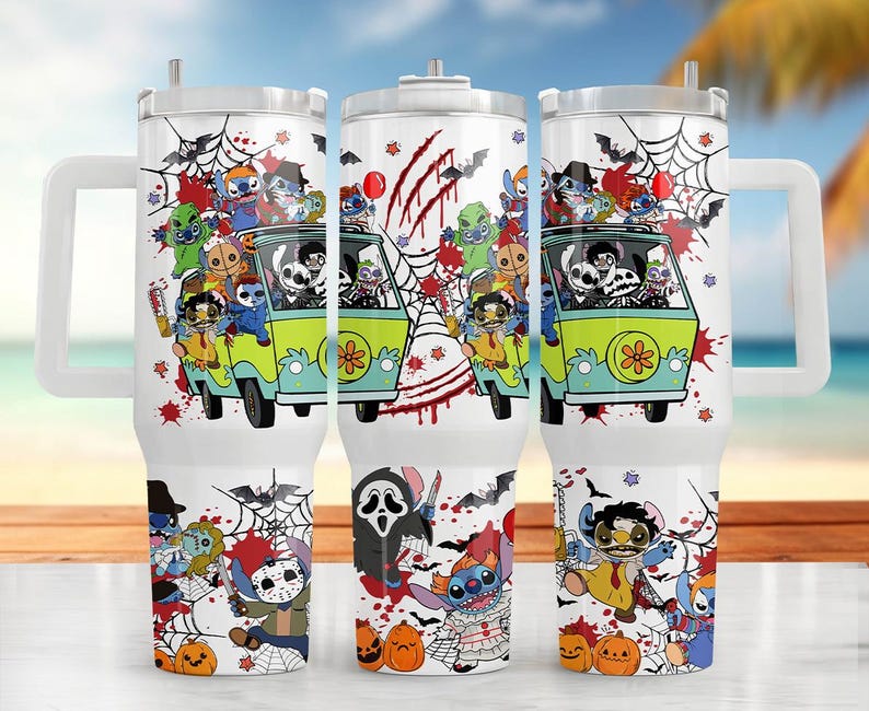 May include: White insulated travel mug with a Halloween design. The design features cartoon characters in a Scooby-Doo-style van, bats, spiderwebs, and pumpkins. The mug has a white handle and lid, ideal for cold drinks.