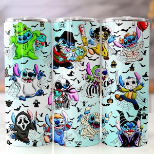 May include: A light blue cylindrical tumbler featuring a repeating pattern of the character Stitch dressed in various horror movie costumes, including a ghost, a mummy, a clown, and a slasher villain, surrounded by black bats, spiderwebs, and pumpkins.