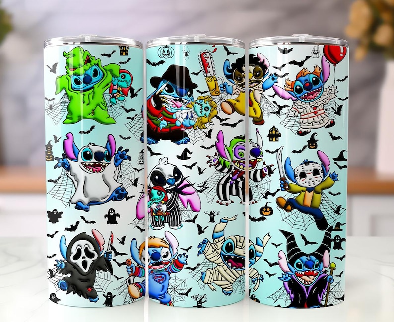 May include: A light blue cylindrical tumbler featuring a repeating pattern of the character Stitch dressed in various horror movie costumes, including a ghost, a mummy, a clown, and a slasher villain, surrounded by black bats, spiderwebs, and pumpkins.
