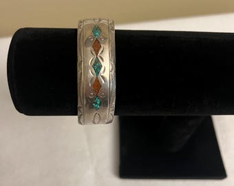 MICHAEL PERRY Navajo TURQUOISE and Coral Sterling Silver Yei Cuff