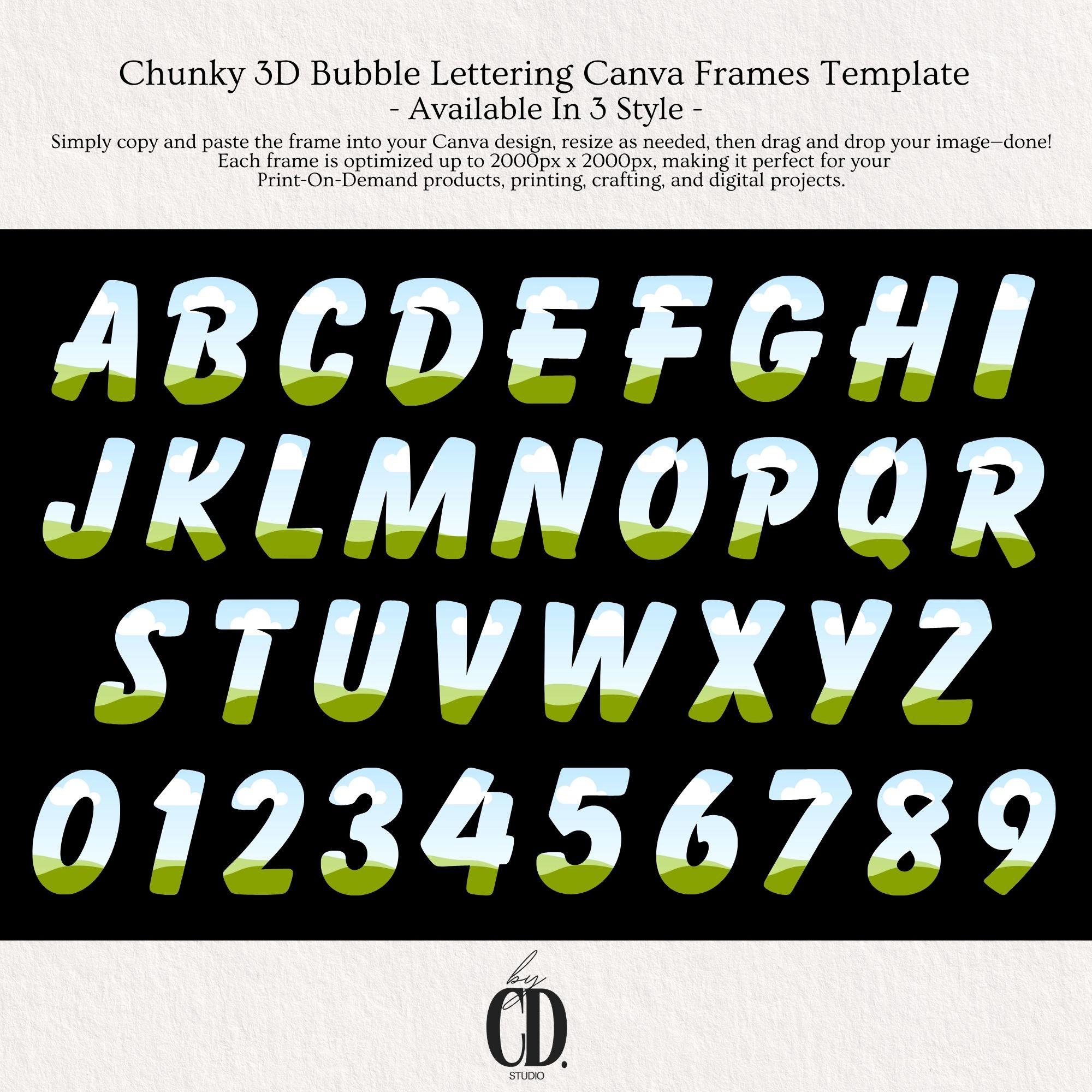 Chunky Script Numbers Chunky 3D Bubble Lettering Canva Frames Template Bundle I Letter and ...