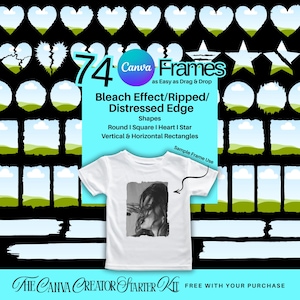May include: A white t-shirt with a black and white image of a person. The image also includes the text "74 Canva Frames as Easy as Drag & Drop" and "Bleach Effect/Ripped/Distressed Edge". The Canva Creator Starter Kit is free with purchase.