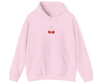 Kirsche Schleife Hoodie, Rote Kirsche und Schleife übergroßer minimalistischer Pullover, Pinterest Ästhetik, Girly Social Club, Trendige Rosa Schleife, süßer Hoodie