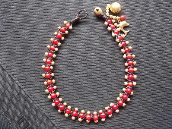 Items similar to Gold brass beads/red coral Anklet. for summer/Holidays ...