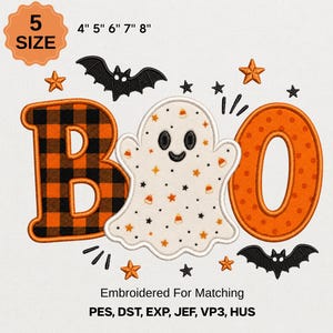 May include: An embroidery design featuring the word BOO with a ghost replacing the letter O. The B has an orange and black buffalo plaid pattern, the ghost is white with candy corn and star accents, and the O is orange with polka dots.