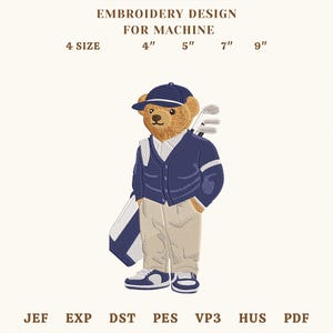 Diseño de bordado de osito de golf preppy, archivo de bordado a máquina de oso golfista clásico, patrón de puntada de oso deportivo, descarga instantánea