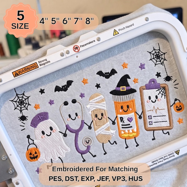 Lindo diseño de bordado a máquina de equipo de atención médica de Halloween, fantasma de enfermera, estetoscopio, venda, frasco de medicina, archivo de personal médico