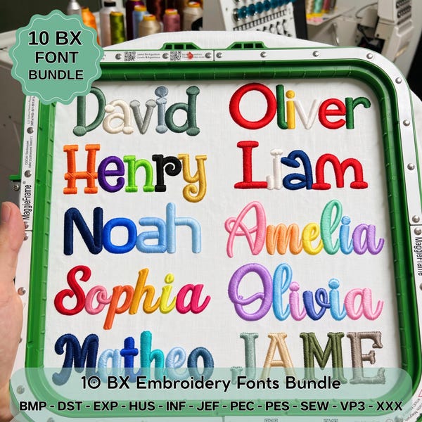 10 BX Embroidery Font Bundle, Satin Stitch Script and Print Alphabets for Baby Gifts, Kids Boutique Clothing & Personalized Name Embroidery