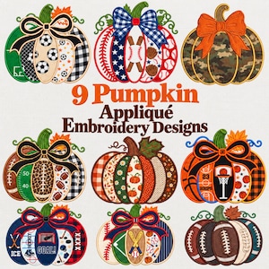 May include: Nine pumpkin applique embroidery designs featuring various sports themes including soccer, baseball, football, basketball, and hockey, alongside autumn patterns, each topped with a decorative bow and green stem.