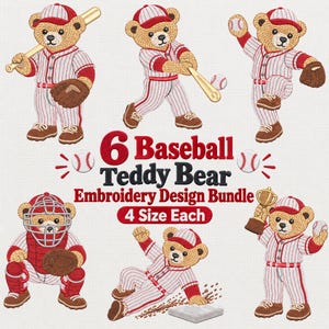 Pode incluir: Um pacote de designs de bordado digital com seis ursos de pelúcia em uniformes de beisebol com listras vermelhas, bonés e equipamentos. O texto diz 6 Baseball Teddy Bear Embroidery Design Bundle 4 Size Each, com gráficos de beisebol.