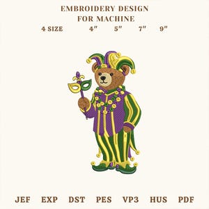 Mardi Gras Teddy Bear Embroidery Design, Style Carnival for Fat Tuesday Celebration and Parade Design, Stitch Mardi Gras Embroidery Design