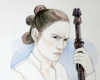 Rey Skywalker von den Dreharbeiten zu Die letzten Jedi Episode VIII Foto Aquarell Zeichnung Star Wars von BLACKKINGSDREAM Kostenloser Weltweiter Versand