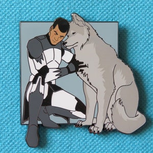 May include: A white and gray wolf sits next to a man in a white and gray uniform. The man has a scar on his face and is looking down at the wolf. The wolf is looking up at the man. The image is in a cartoon style.
