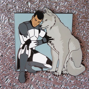 May include: A white wolf with gray markings sits next to a man in a gray and white uniform. The man is holding the wolf's head in his hand. The image is in a cartoon style.