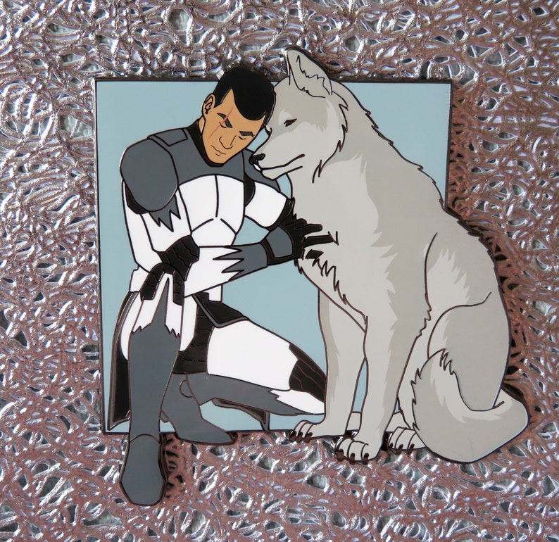 May include: A white wolf with gray markings sits next to a man in a gray and white uniform. The man is holding the wolf's head in his hand. The image is in a cartoon style.