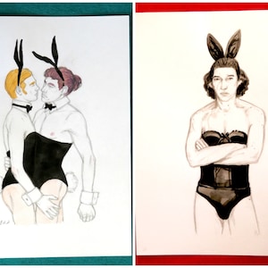 May include: Watercolor paintings of figures in bunny ears and lingerie. One painting depicts two figures embracing, while the other shows a single figure with arms crossed. The artwork is done in shades of black, white, and flesh tones.