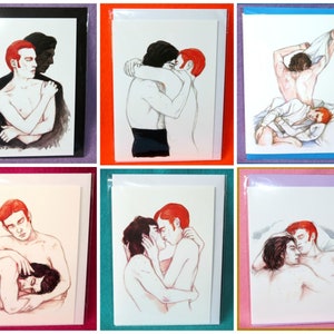 May include: Set of six greeting cards featuring illustrations of two men in various poses. The cards are printed on white cardstock and have a blank inside for writing.