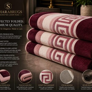 Alfombra redonda de lana color rosa burdeos con diseño de greca, tejida a mano – Alfombra circular de lujo estilo Versace – Decoración premium para sala de estar y terraza – Tamaño personalizado