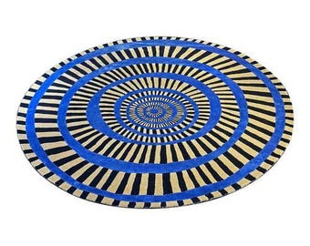 Alfombra redonda de lana azul en espiral tejida a mano – Alfombra circular con ilusión óptica – Decoración bohemia para sala de estar – Tamaño personalizado disponible