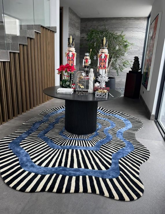 Hand Tufted Wavy Abstract Wool Rug – Black White Blue Irregular Shape Statement Carpet – Modern Living Room Art Rug – Custom Size