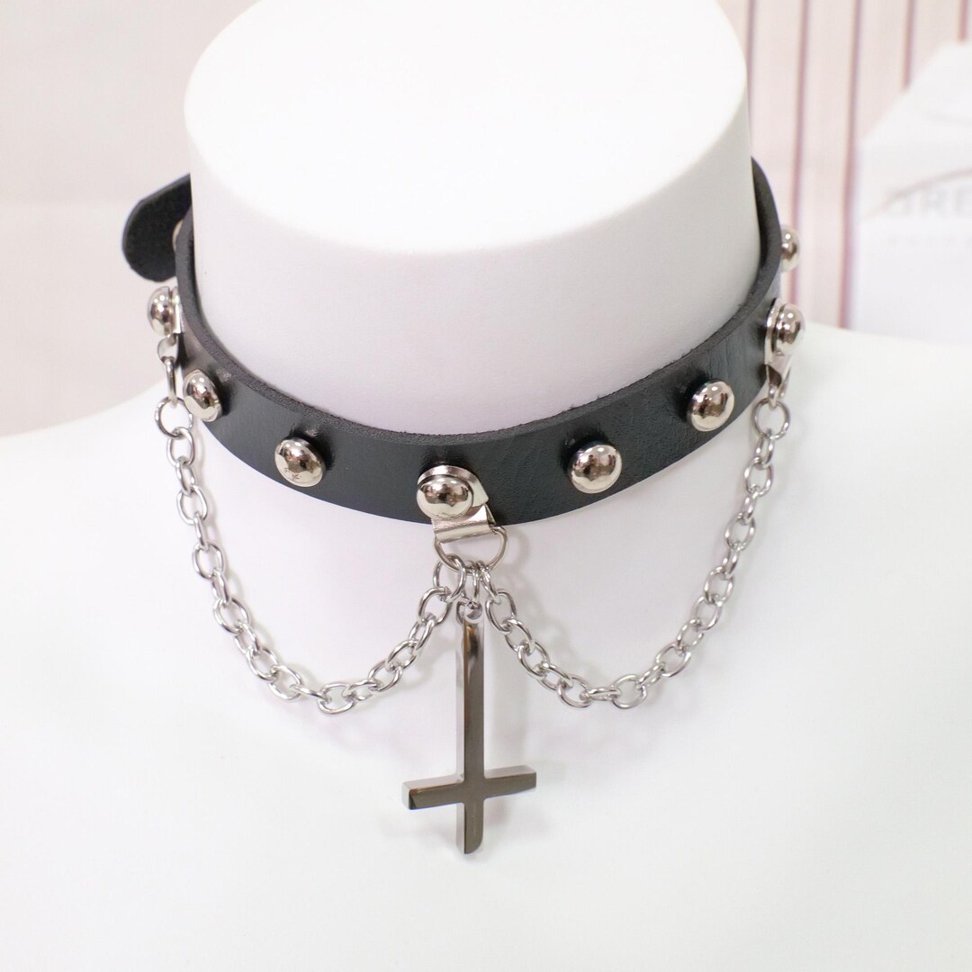 Black Vegan Leather Choker With Cross Pendant, Gothic Chain Collar ...