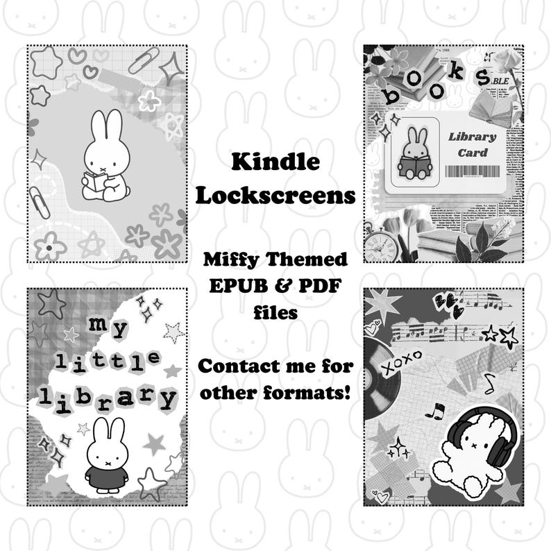 May include: Monochrome digital art showcasing Miffy-themed Kindle lockscreens. The image presents diverse designs with Miffy illustrations, stars, musical notes, and the text "my little library". The text "Kindle Lockscreens" and "Miffy Themed EPUB & PDF files" are also visible.