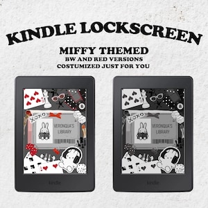 May include: Two black Kindle e-readers displaying Miffy-themed lockscreens. The screens feature a black and white design with red accents, including playing card suits, dice, and a Miffy illustration. Text on the screen reads "XOXO" and "VERONQUA'S LIBRARY."