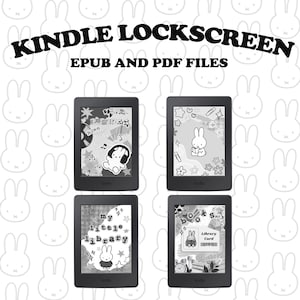 Könnte beinhalten: Vier Kindle-E-Reader, die verschiedene Schwarz-Weiß-Designs für den Sperrbildschirm anzeigen. Die Bildschirme zeigen Cartoon-Hasen, Sterne und Text mit der Aufschrift "Kindle Lockscreen" und "EPUB AND PDF FILES."