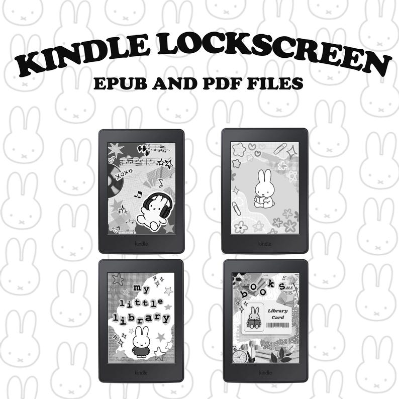 May include: Four Kindle e-readers showing various black and white lockscreen designs. The screens display cartoon bunnies, stars, and text that reads "KINDLE LOCKSCREEN EPUB AND PDF FILES". The background has a pattern of bunny faces.