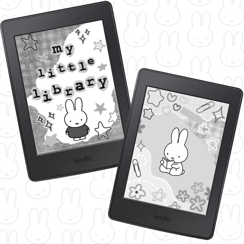 May include: Two black Kindle e-readers with white and grey illustrations. One shows the text "my little library" with a bunny character and star shapes. The other displays a bunny reading a book with floral and star designs.