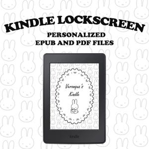 May include: A black Kindle e-reader displaying a custom lock screen with a bunny illustration and the text "Veronqua's Kindle." The background features a repeating pattern of bunny outlines. The text "KINDLE LOCKSCREEN" and "PERSONALIZED EPUB AND PDF FILES" are at the top.