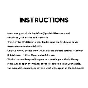 May include: A white background with the word "INSTRUCTIONS" in bold black text. The image provides instructions for an e-reader, including removing special offers, downloading files, and enabling the cover on the lock screen.