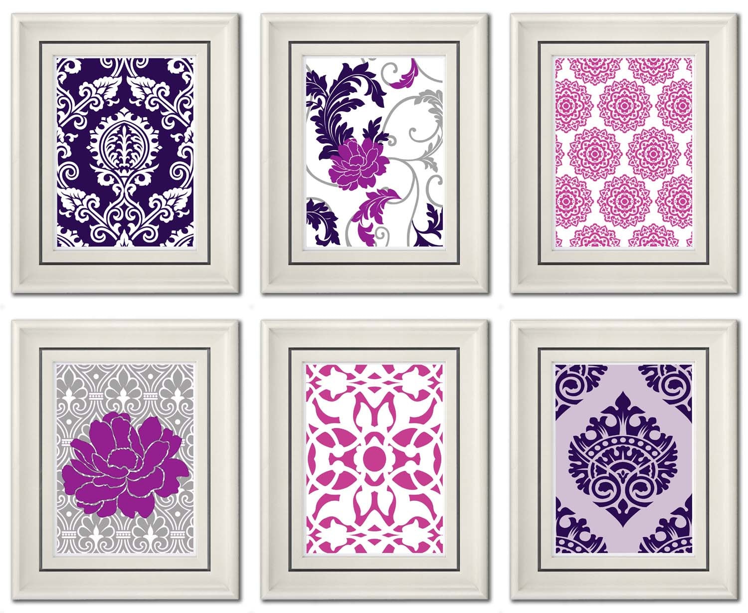 Set of Six Modern/Vintage Purple/Gray Wall Art 8x11 Print